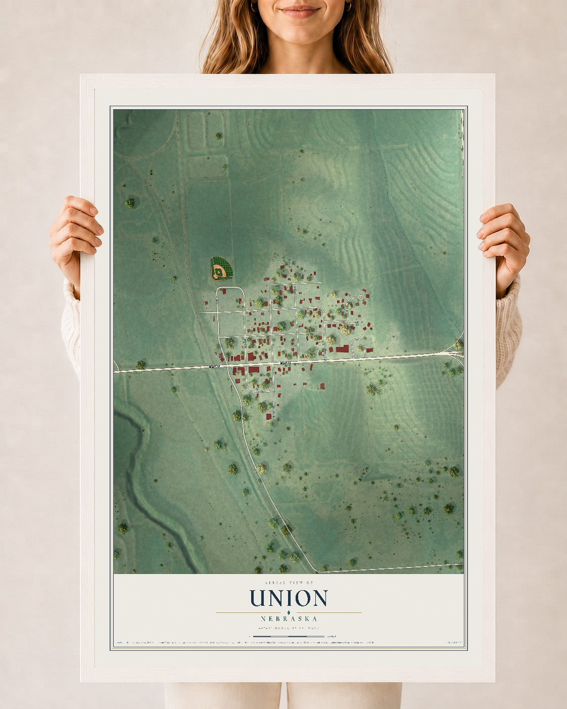 Map of Union, Nebraska, 24 x 36 inch print in a white wood frame