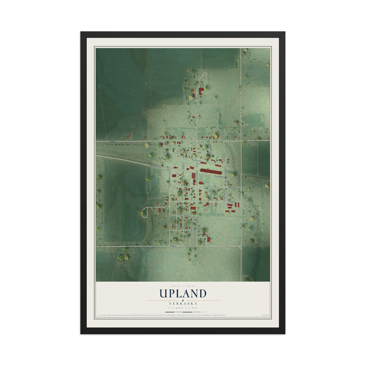 Map of Upland, Nebraska, 12 x 18 inch print in a black wood frame