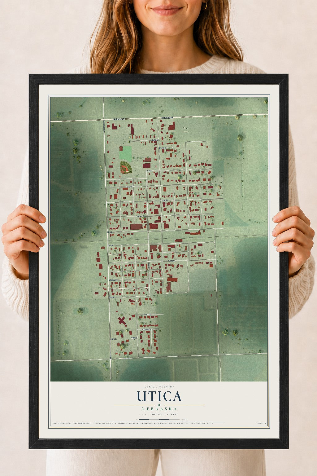 Map of Utica, Nebraska, 18 x 24 inch print in a black wood frame
