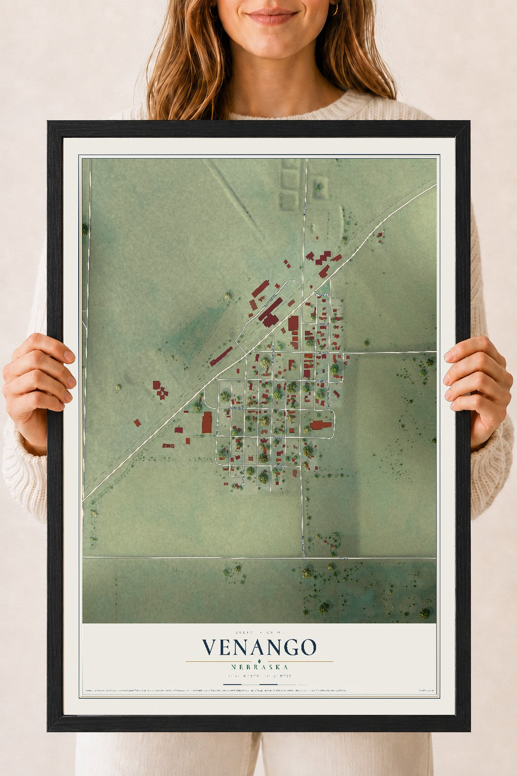 Map of Venango, Nebraska, 18 x 24 inch print in a black wood frame