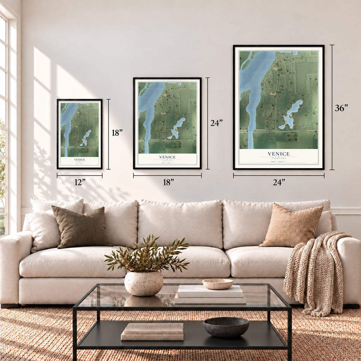 Venice, Nebraska map in 12 x 18, 18 x 24 and 24 x 36 inch sizes above a sofa