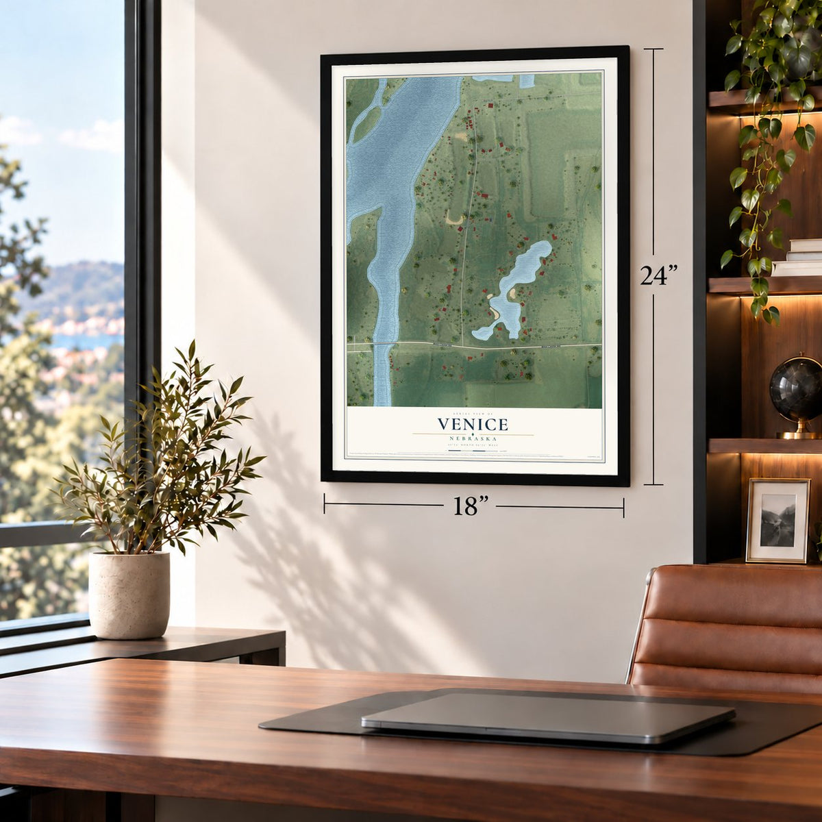 Venice, Nebraska map, 18 x 24 inch print in a black frame in a home office