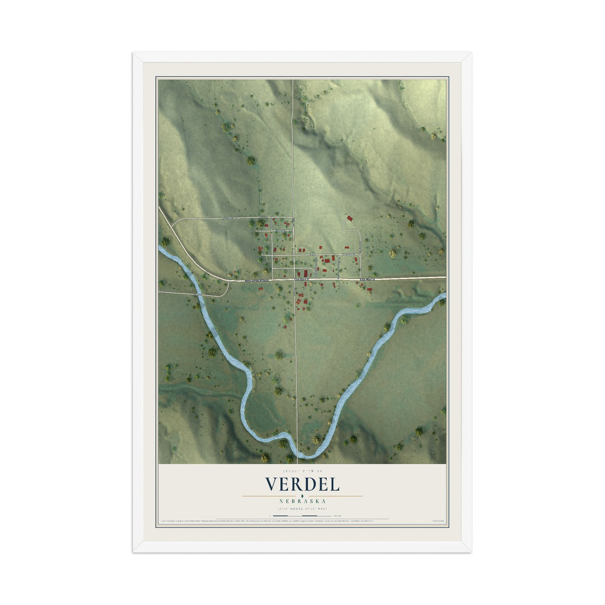 Map of Verdel, Nebraska, 12 x 18 inch print in a white wood frame