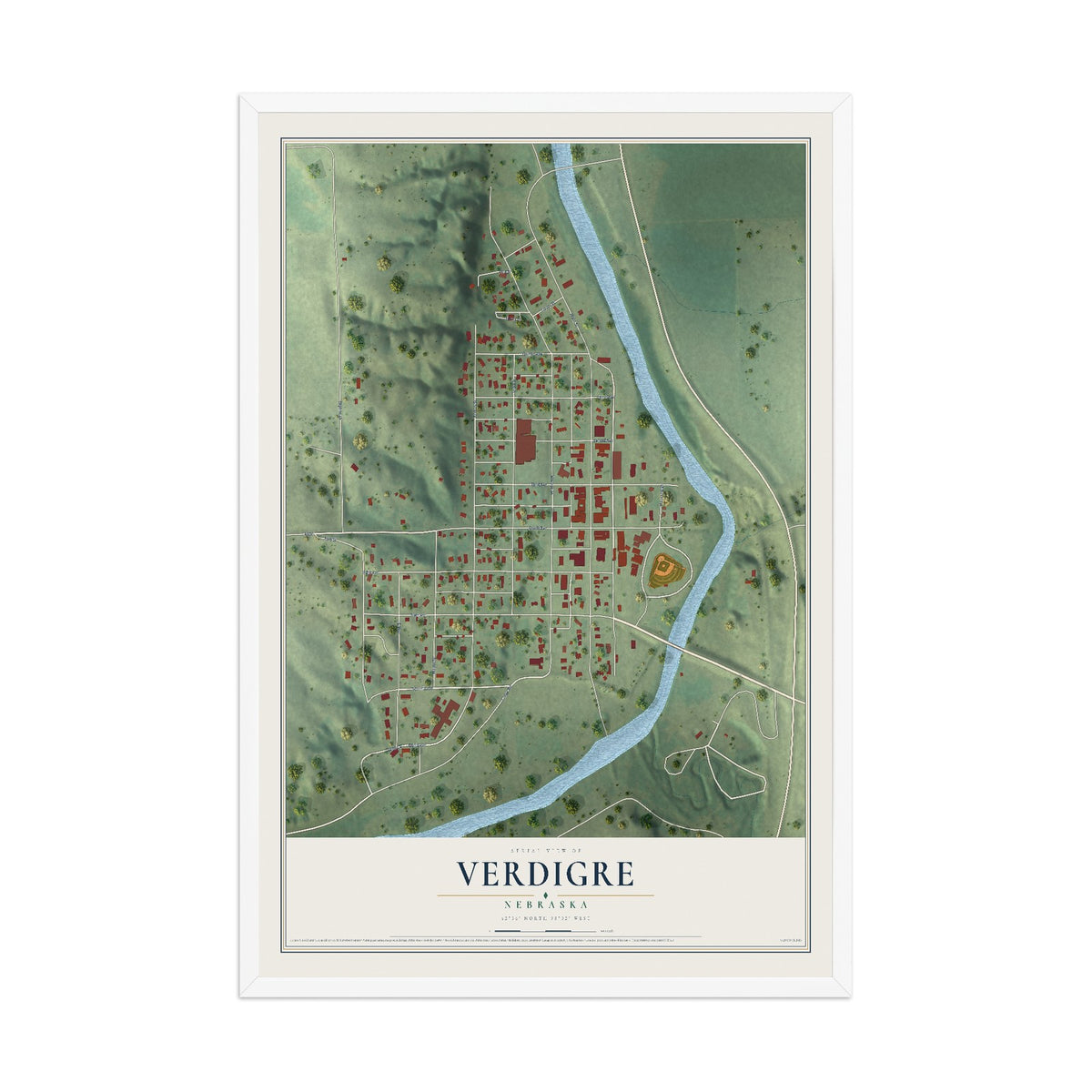 Map of Verdigre, Nebraska, 12 x 18 inch print in a white wood frame