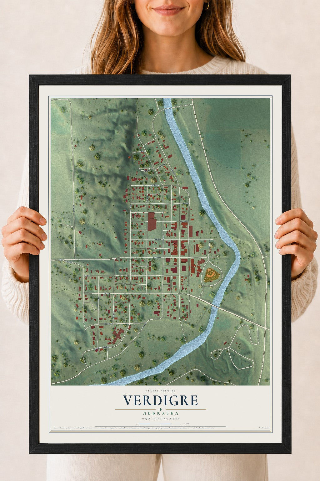 Map of Verdigre, Nebraska, 18 x 24 inch print in a black wood frame