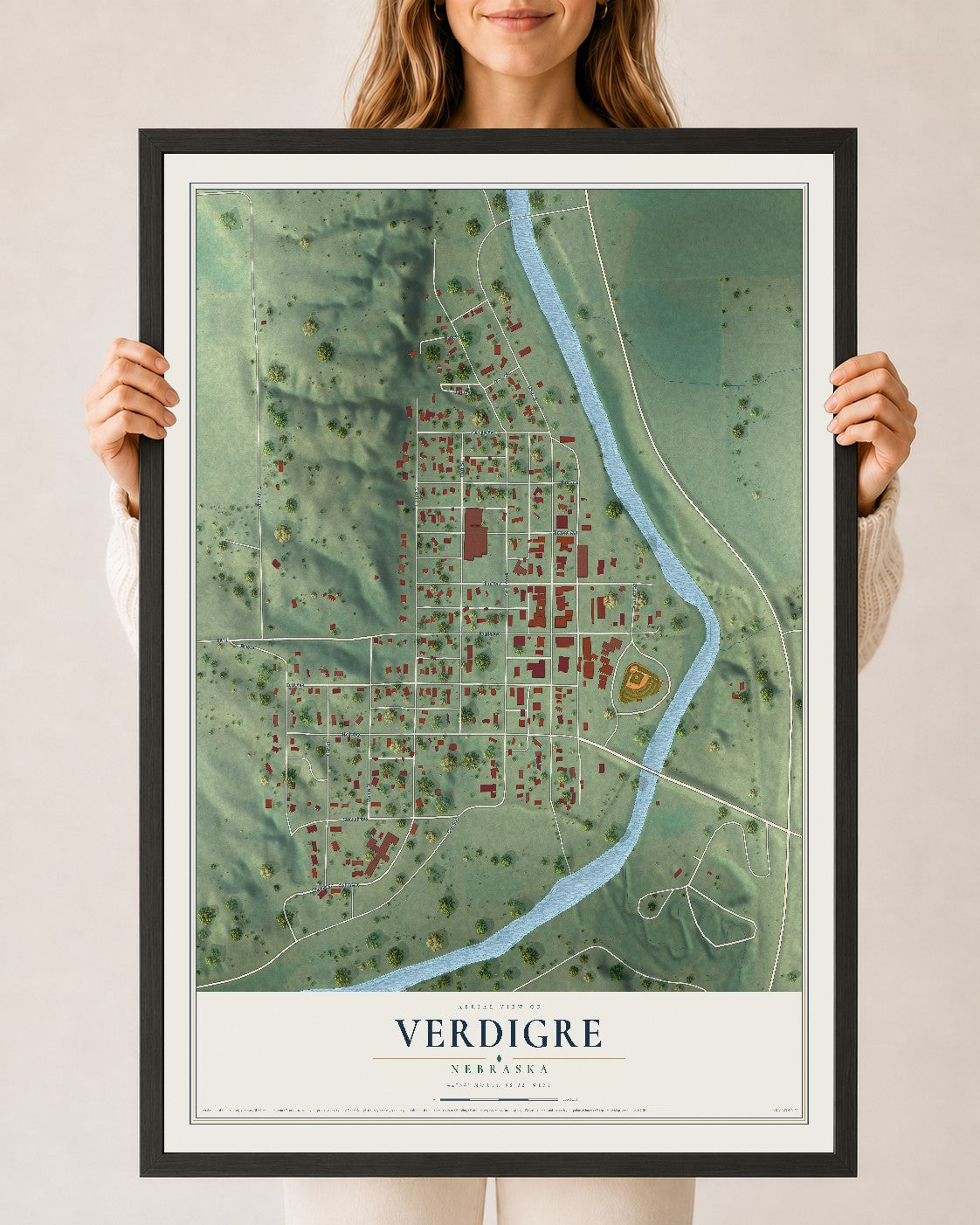Map of Verdigre, Nebraska, 24 x 36 inch print in a black wood frame