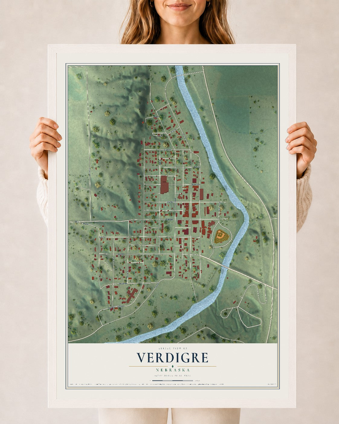 Map of Verdigre, Nebraska, 24 x 36 inch print in a white wood frame