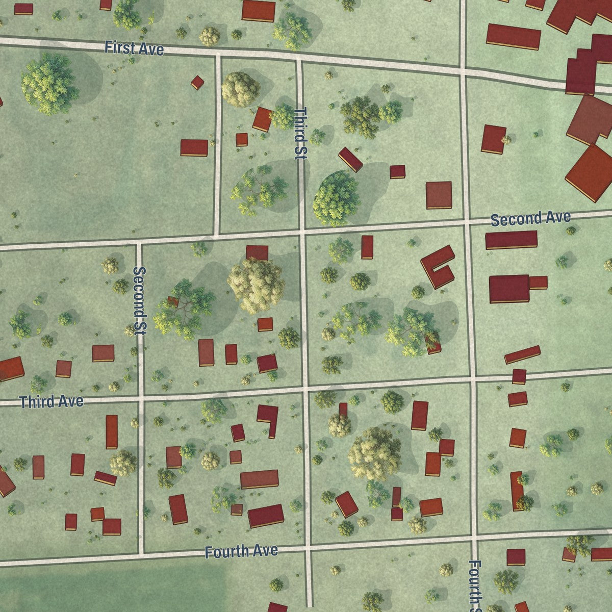 Close-up of the map of Virginia, Nebraska print showing street and building detail