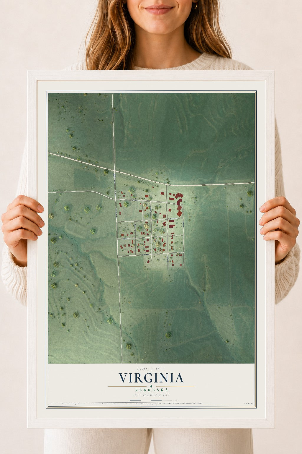 Map of Virginia, Nebraska, 18 x 24 inch print in a white wood frame