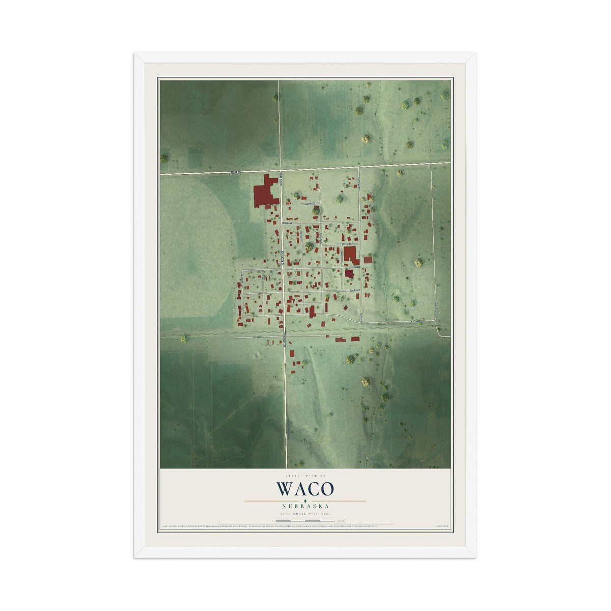 Map of Waco, Nebraska, 12 x 18 inch print in a white wood frame