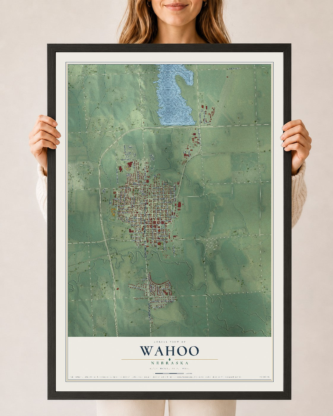 Map of Wahoo, Nebraska, 24 x 36 inch print in a black wood frame