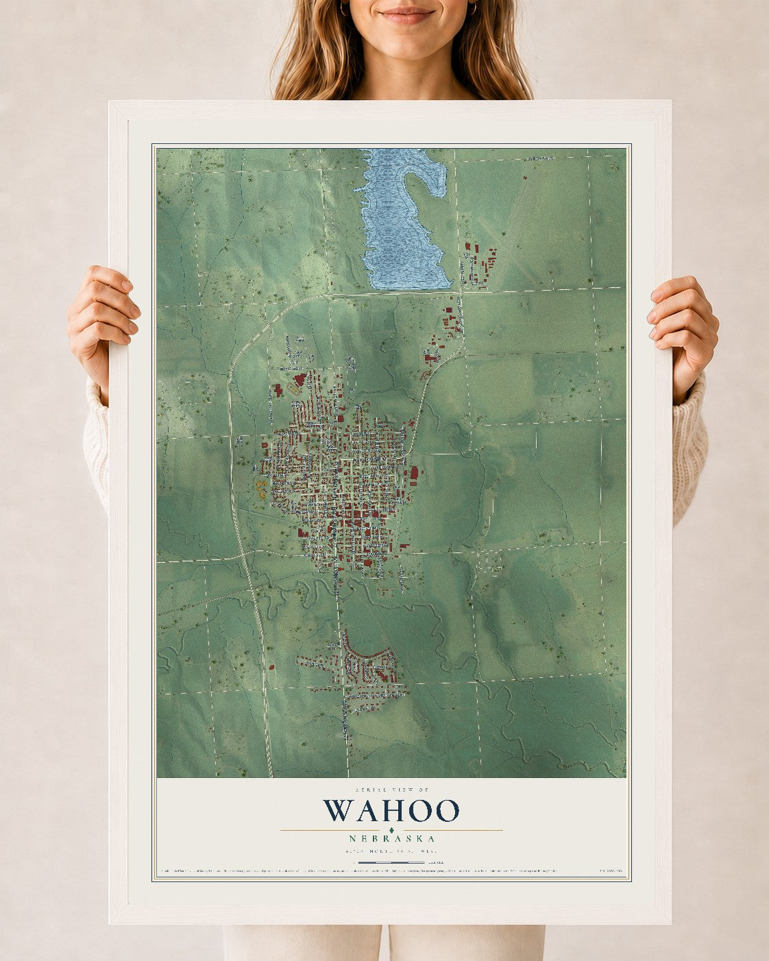 Map of Wahoo, Nebraska, 24 x 36 inch print in a white wood frame