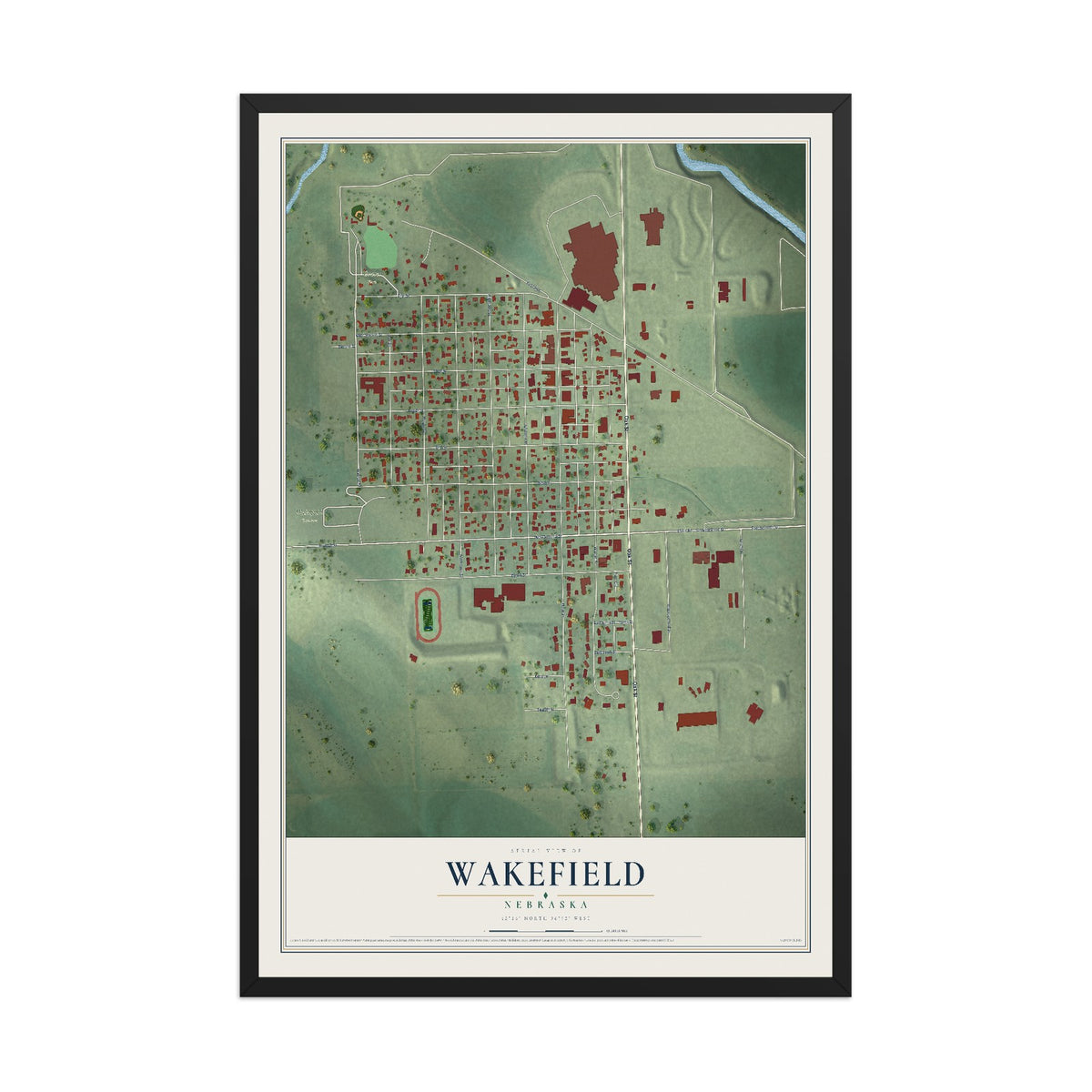 Map of Wakefield, Nebraska, 12 x 18 inch print in a black wood frame