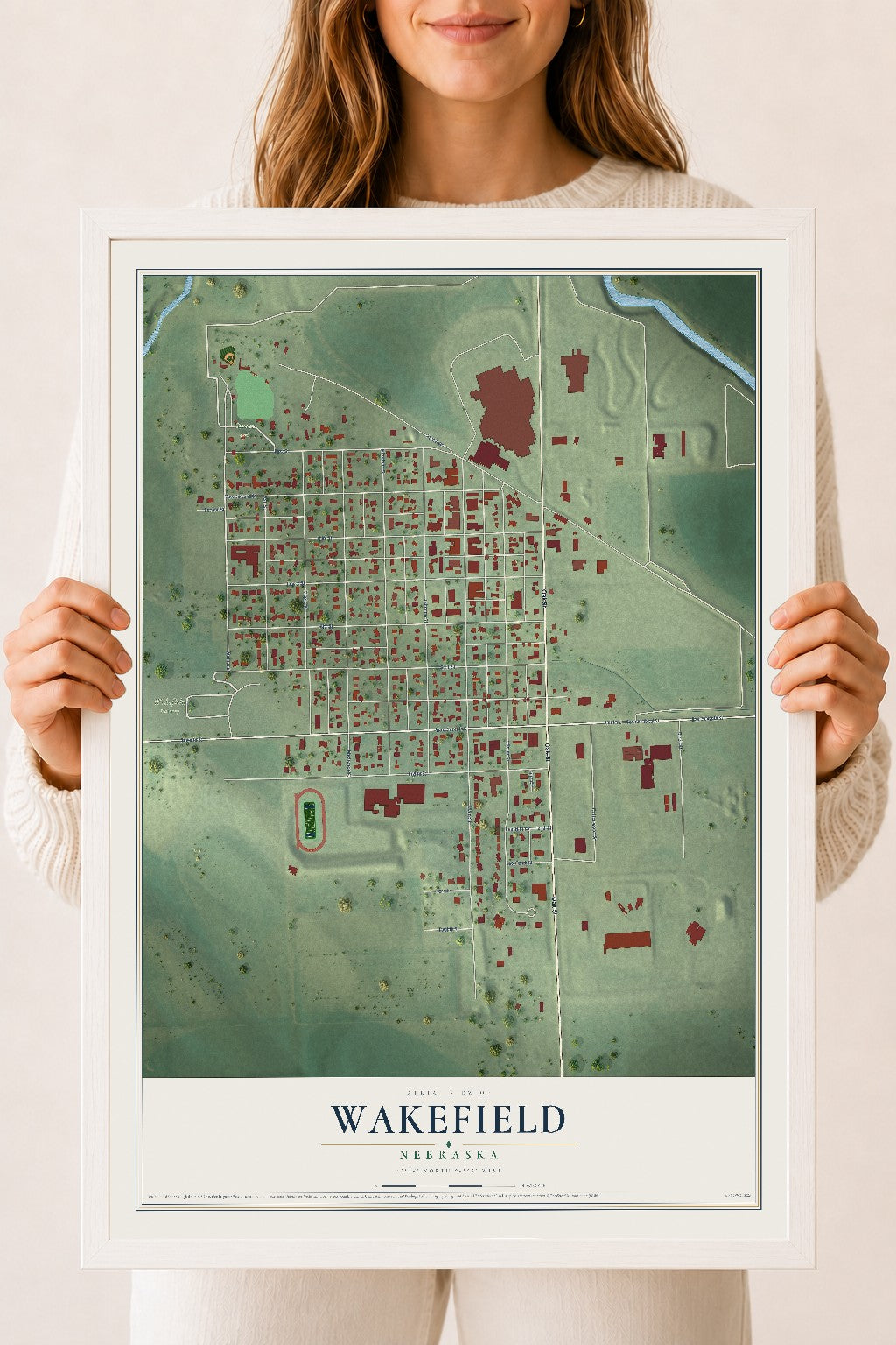 Map of Wakefield, Nebraska, 18 x 24 inch print in a white wood frame