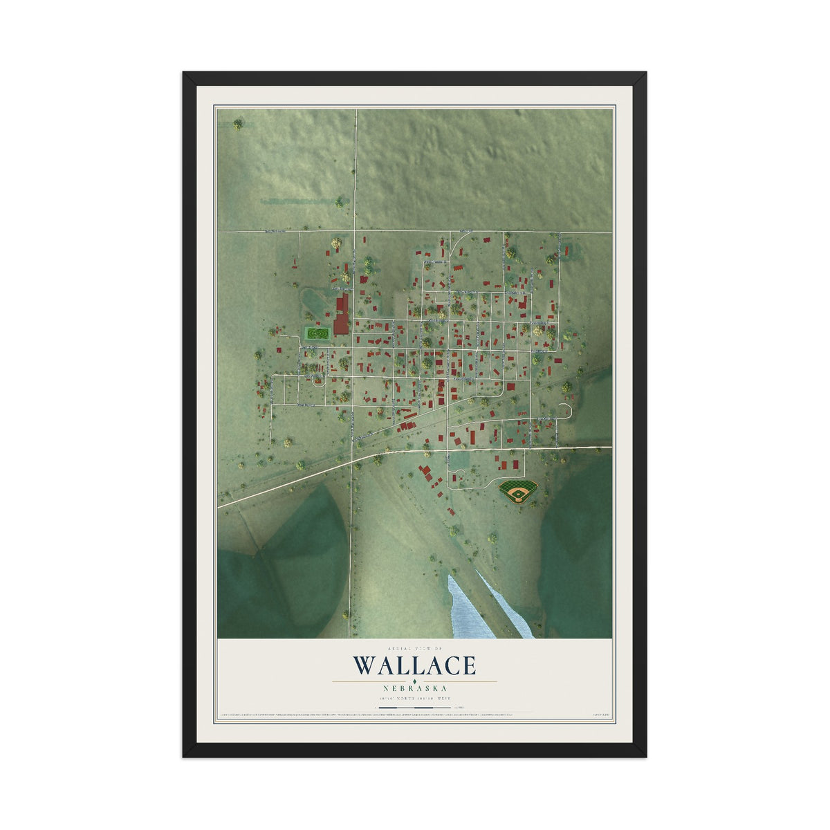 Map of Wallace, Nebraska, 12 x 18 inch print in a black wood frame