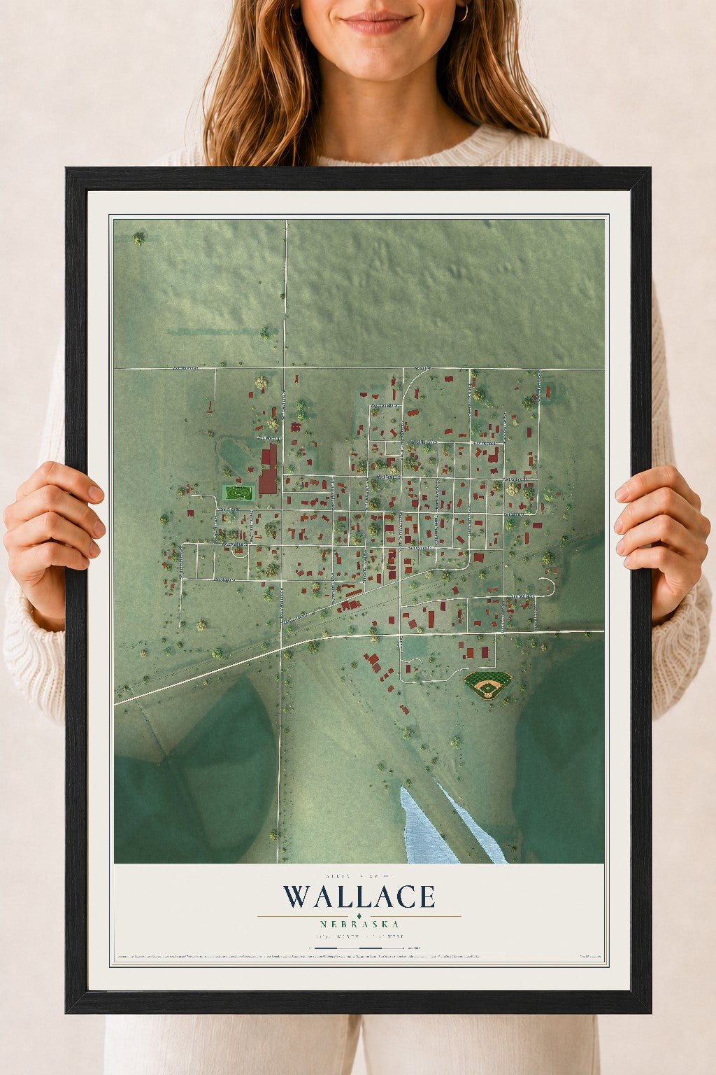 Map of Wallace, Nebraska, 18 x 24 inch print in a black wood frame
