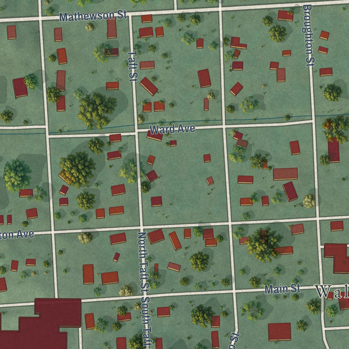 Close-up of the map of Walthill, Nebraska print showing street and building detail