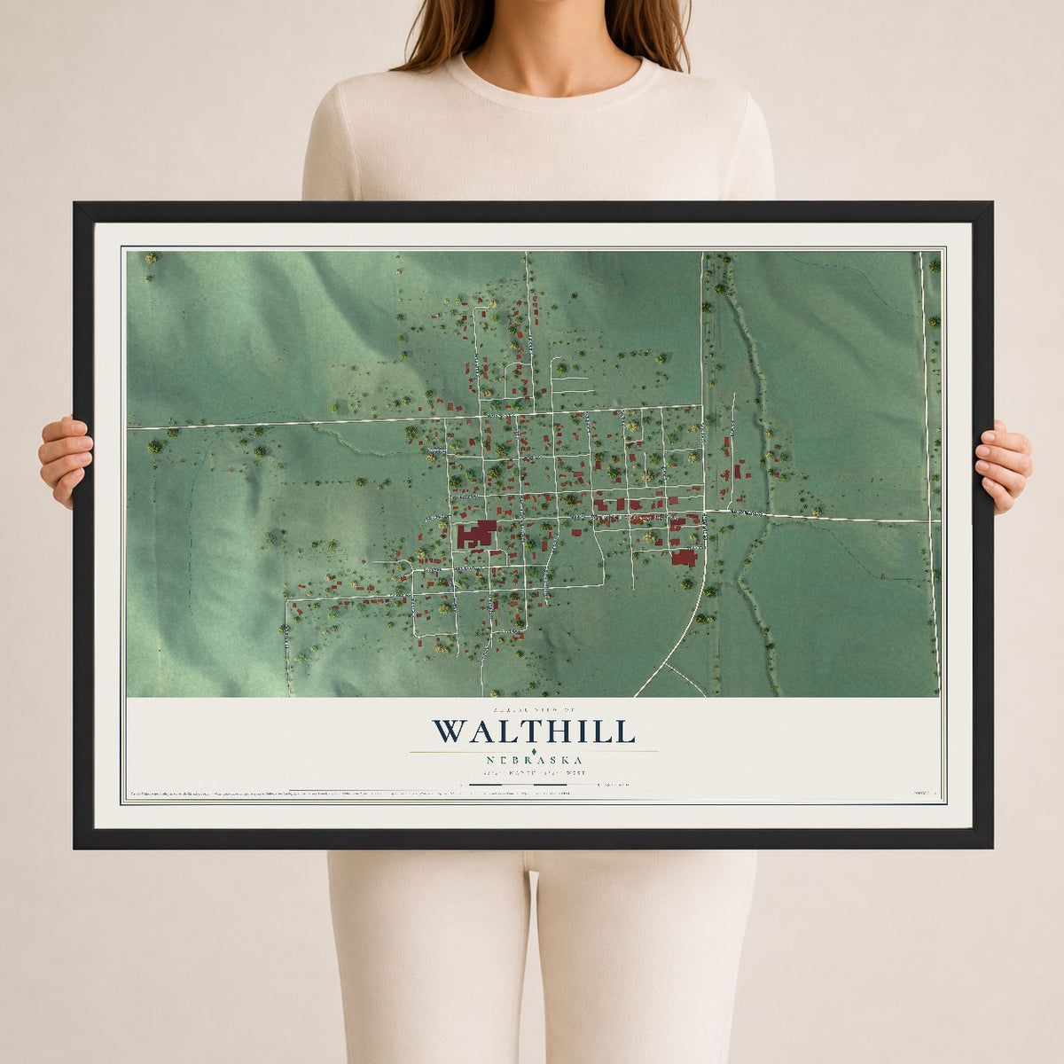 Map of Walthill, Nebraska, 24 x 36 inch print in a black wood frame