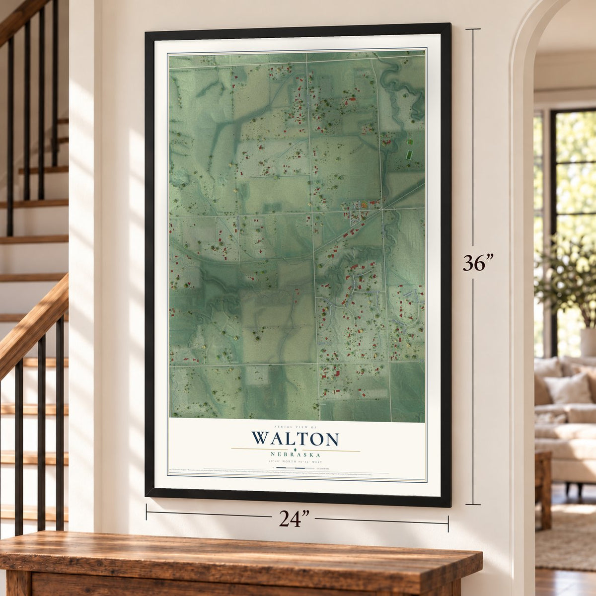 Walton, Nebraska map, 24 x 36 inch print in a black frame by a staircase