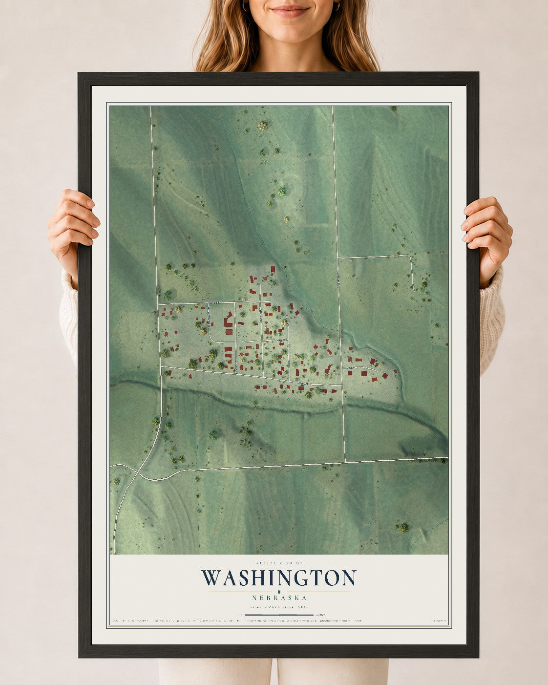 Map of Washington, Nebraska, 24 x 36 inch print in a black wood frame