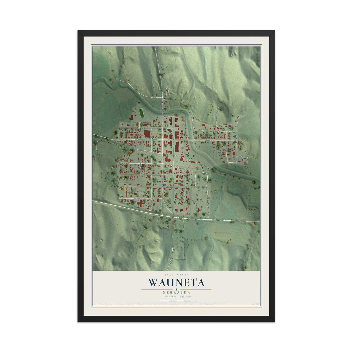 Map of Wauneta, Nebraska, 12 x 18 inch print in a black wood frame