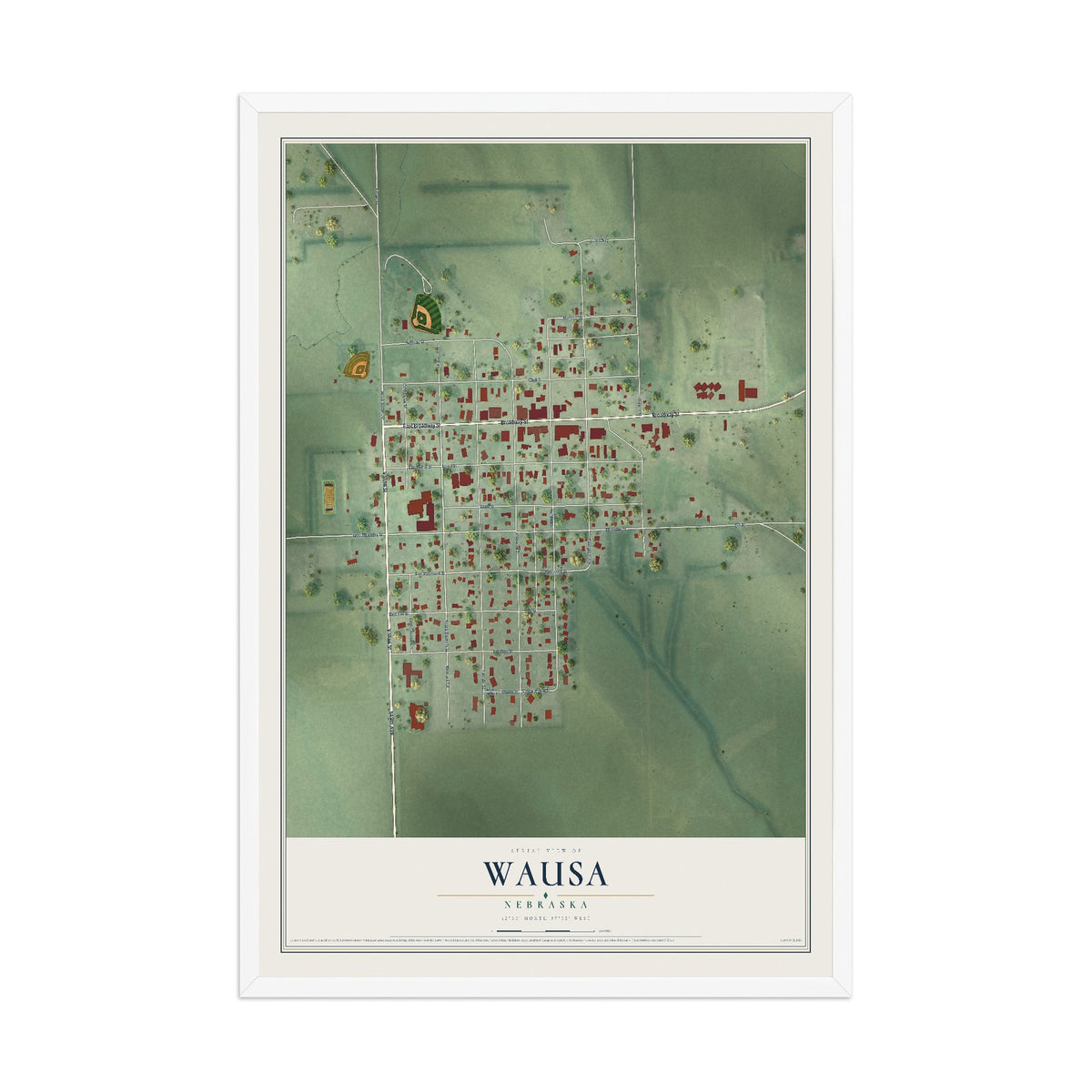 Map of Wausa, Nebraska, 12 x 18 inch print in a white wood frame