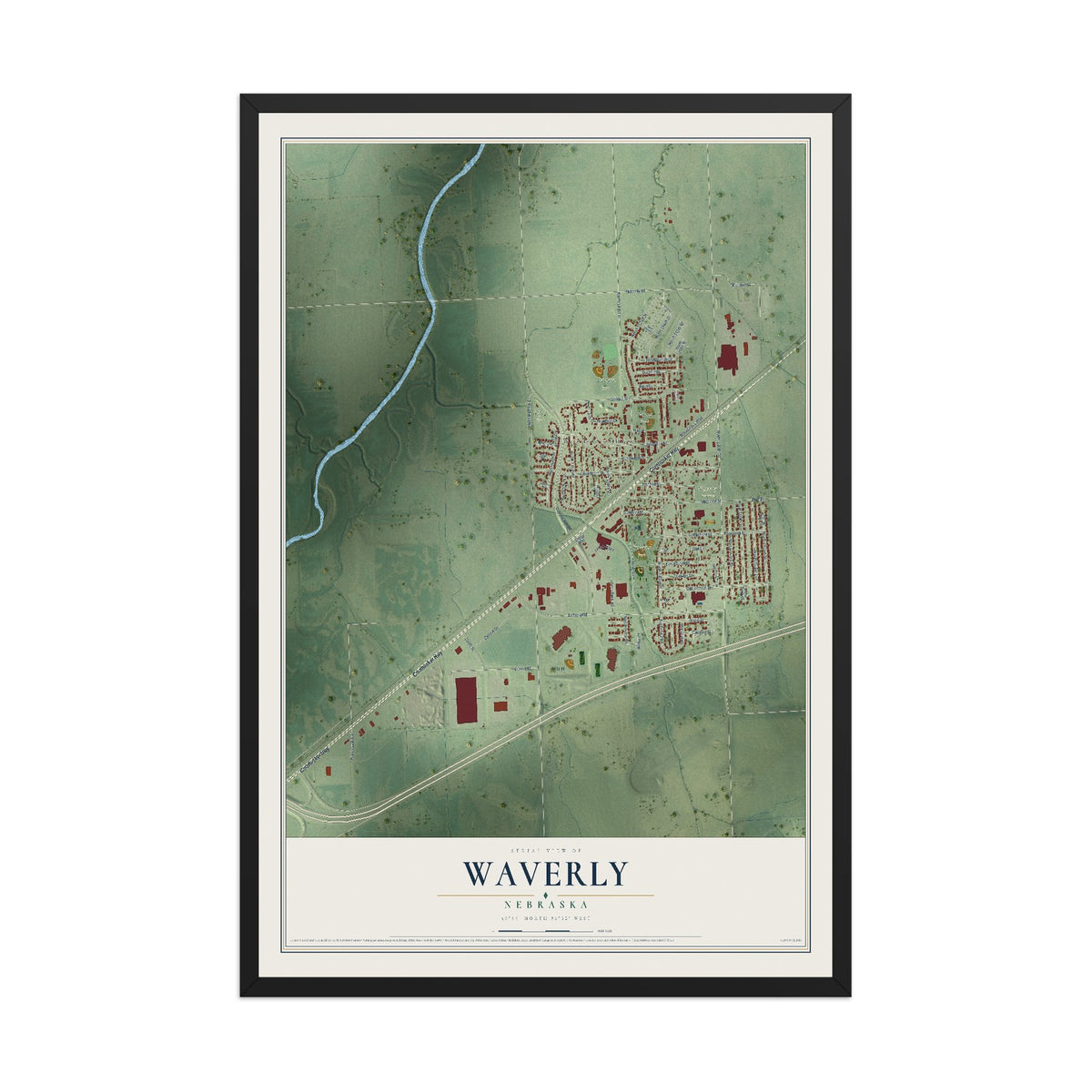 Map of Waverly, Nebraska, 12 x 18 inch print in a black wood frame