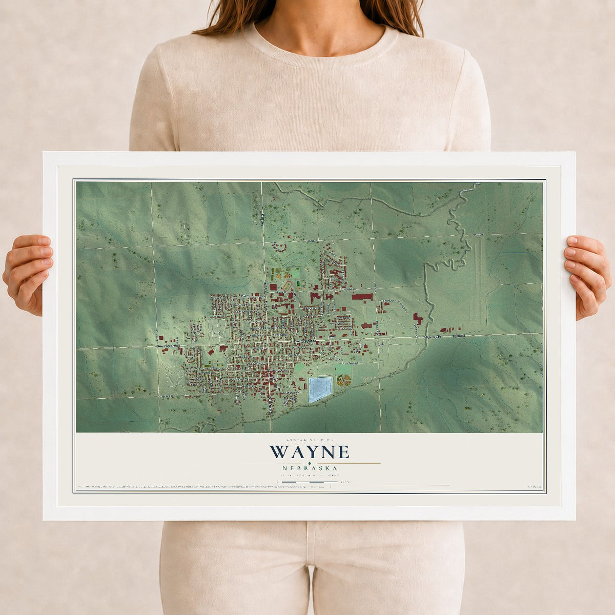 Map of Wayne, Nebraska, 12 x 18 inch print in a white wood frame