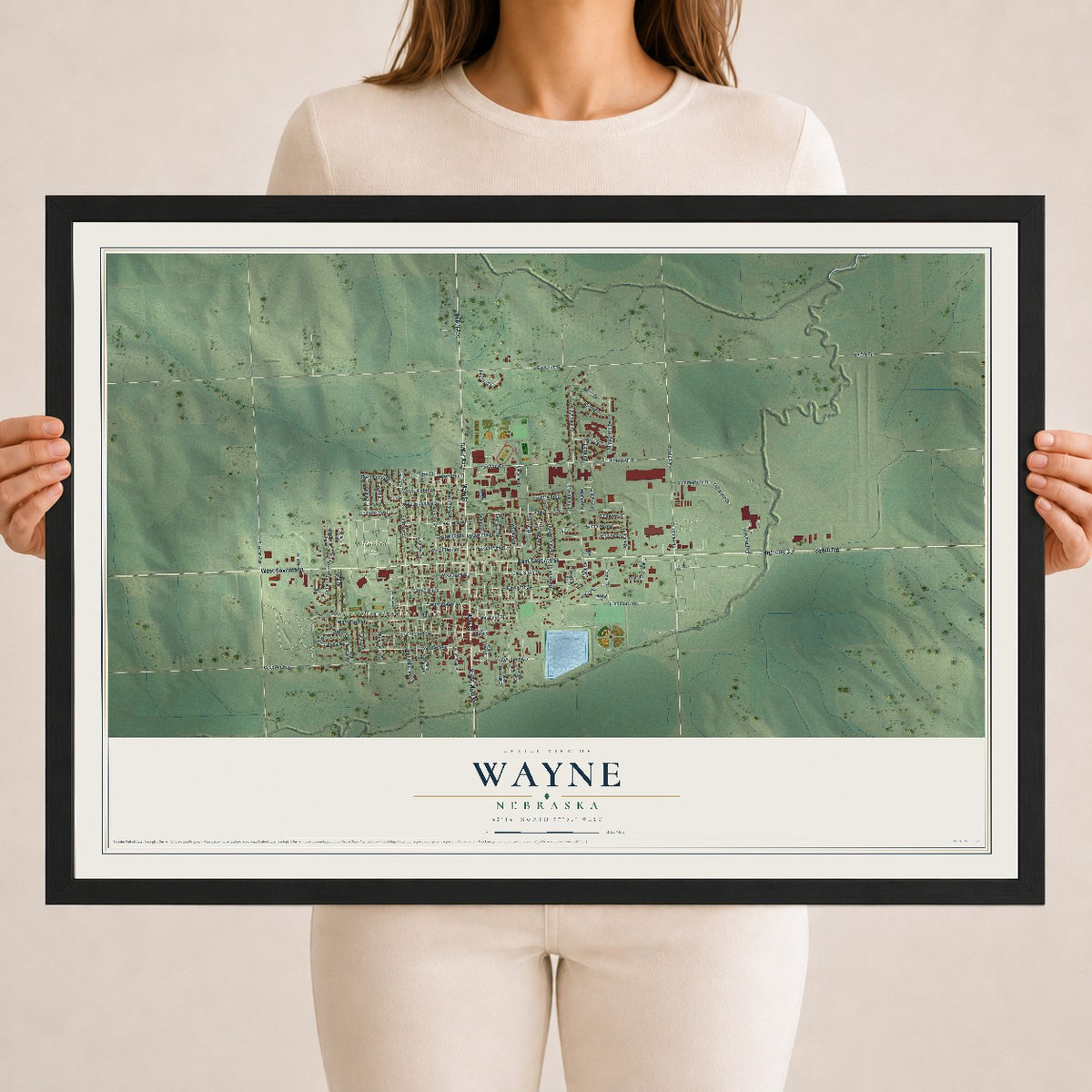 Map of Wayne, Nebraska, 18 x 24 inch print in a black wood frame