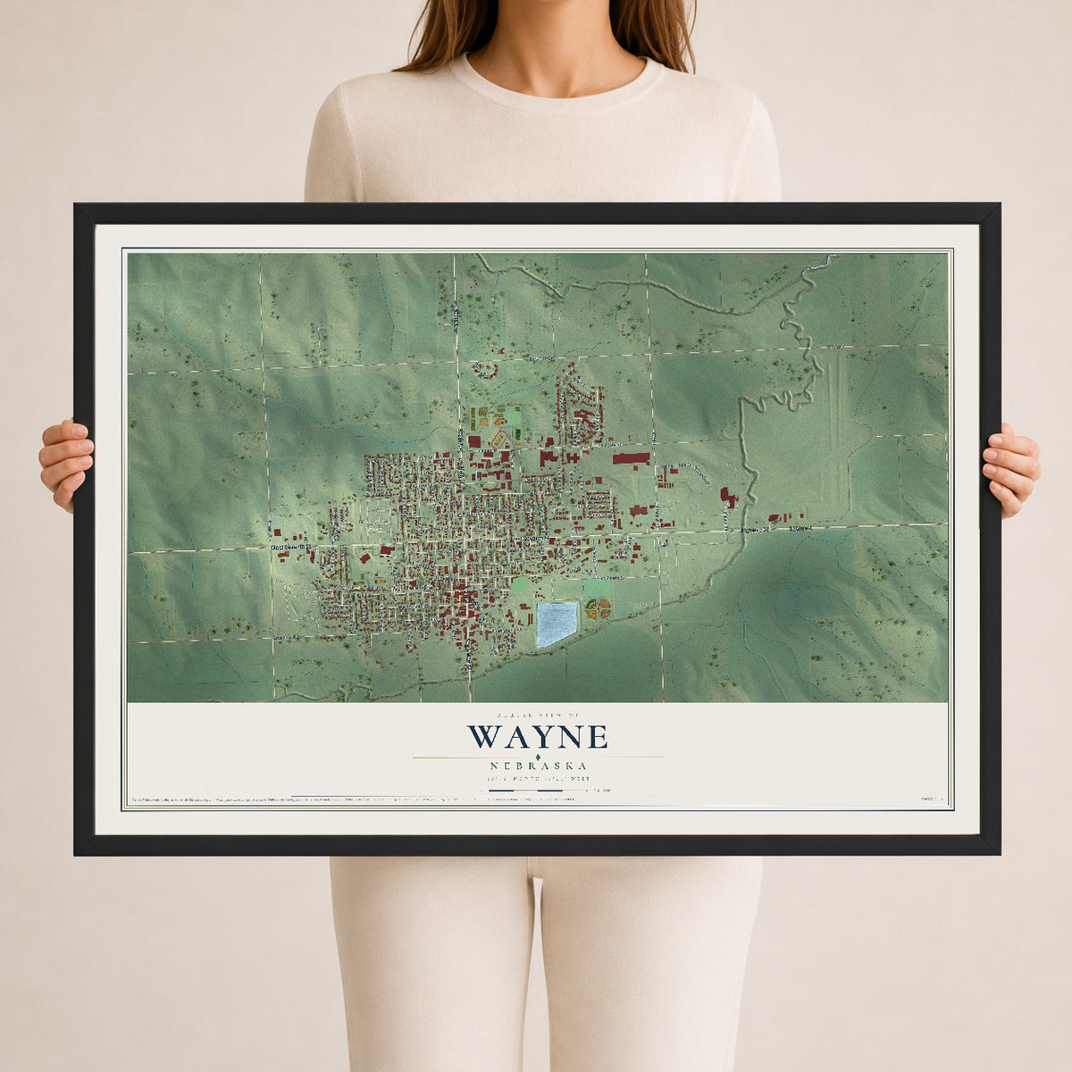 Map of Wayne, Nebraska, 24 x 36 inch print in a black wood frame