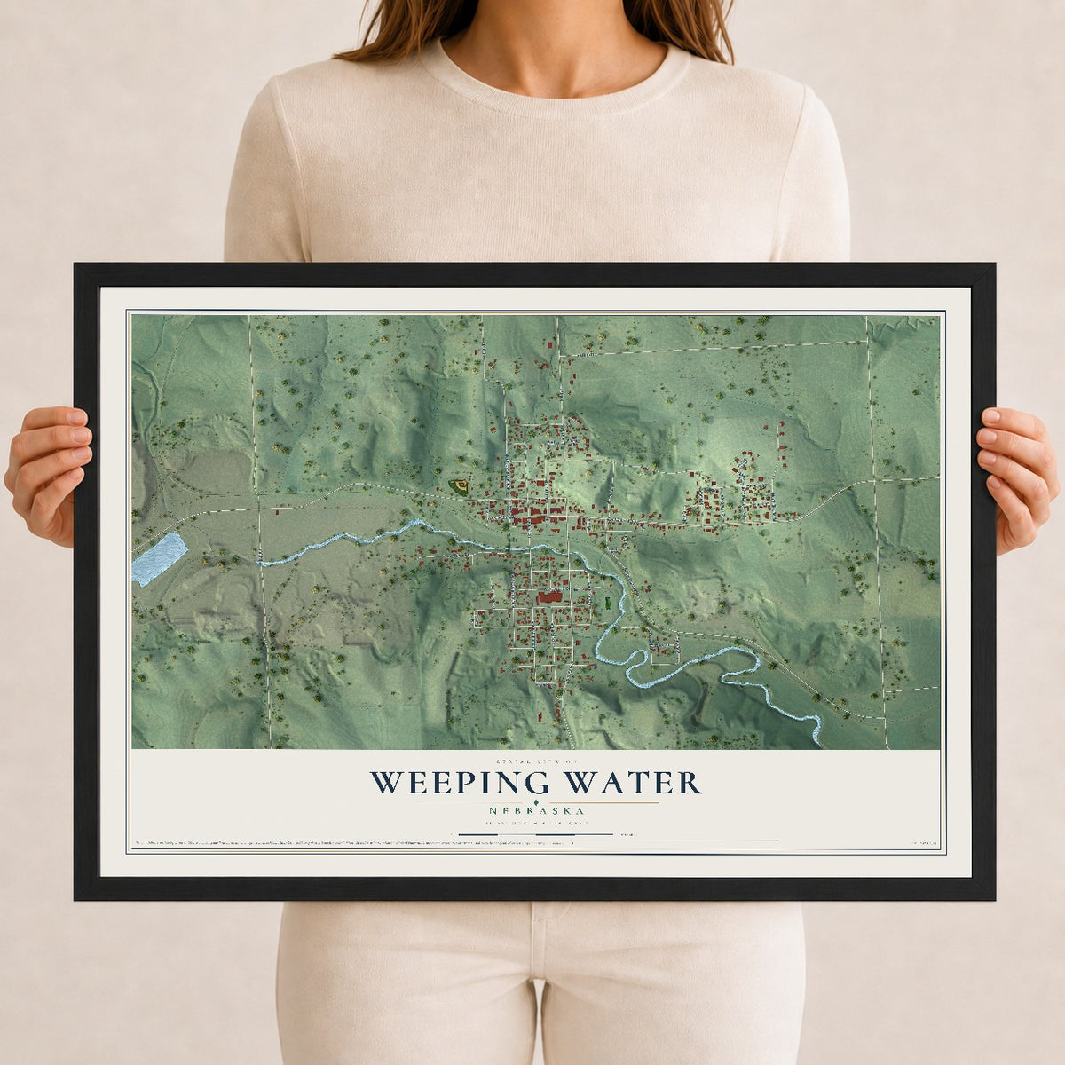 Map of Weeping Water, Nebraska, 12 x 18 inch print in a black wood frame