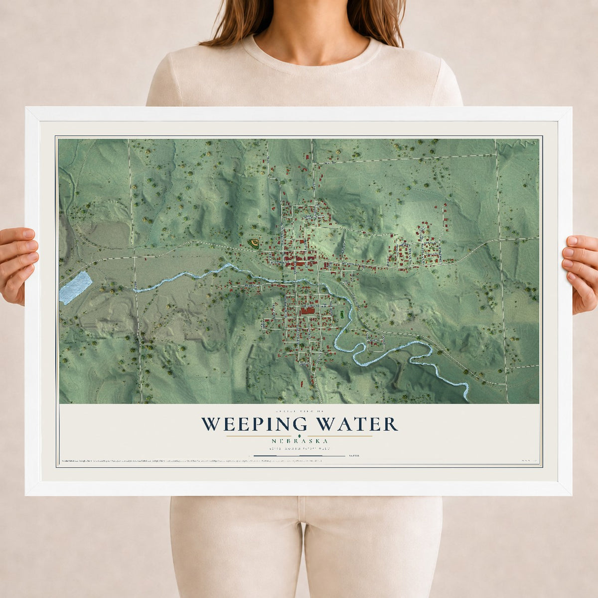 Map of Weeping Water, Nebraska, 18 x 24 inch print in a white wood frame