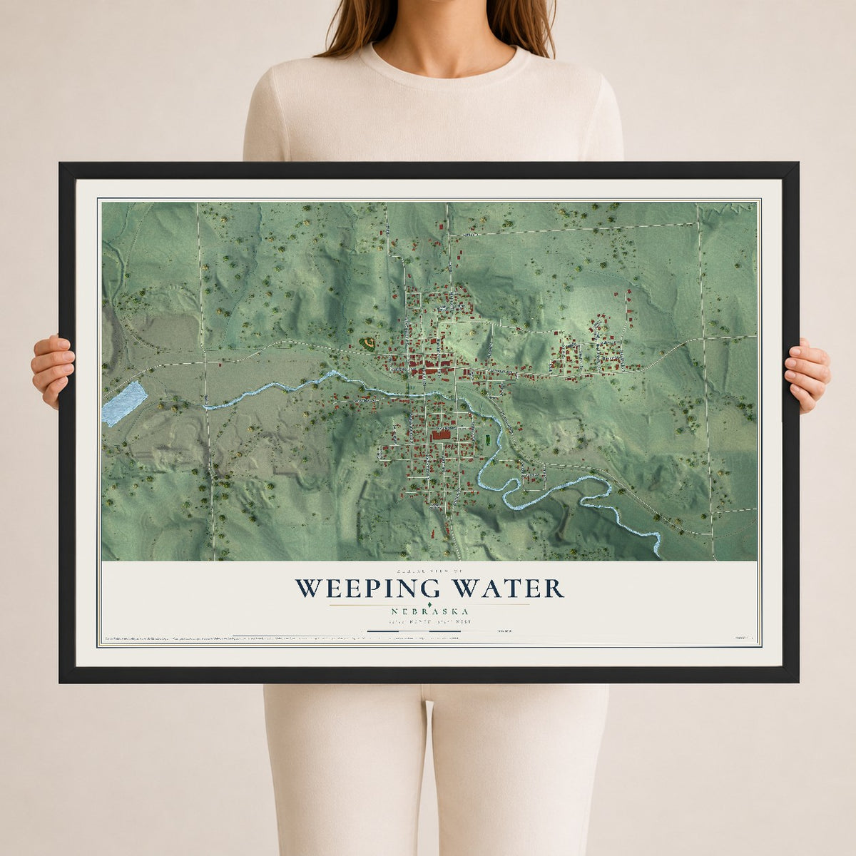 Map of Weeping Water, Nebraska, 24 x 36 inch print in a black wood frame