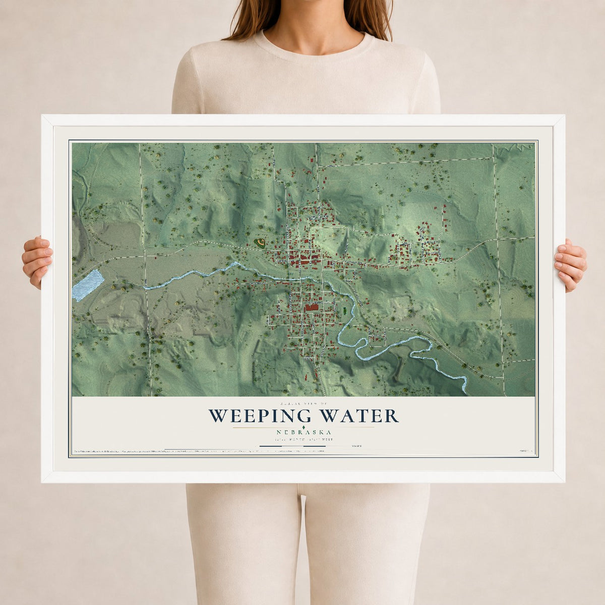 Map of Weeping Water, Nebraska, 24 x 36 inch print in a white wood frame
