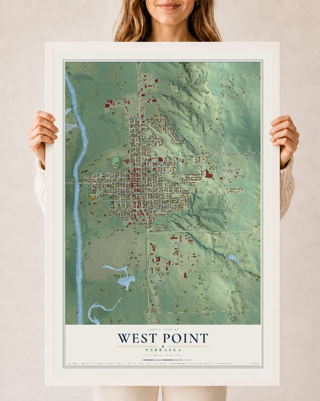 Map of West Point, Nebraska, 24 x 36 inch print in a white wood frame
