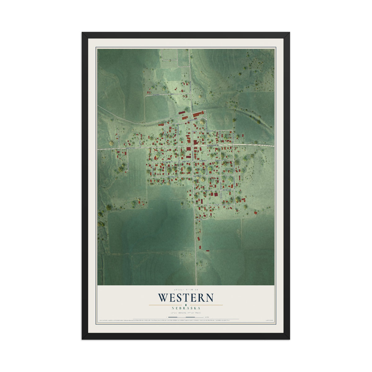 Map of Western, Nebraska, 12 x 18 inch print in a black wood frame