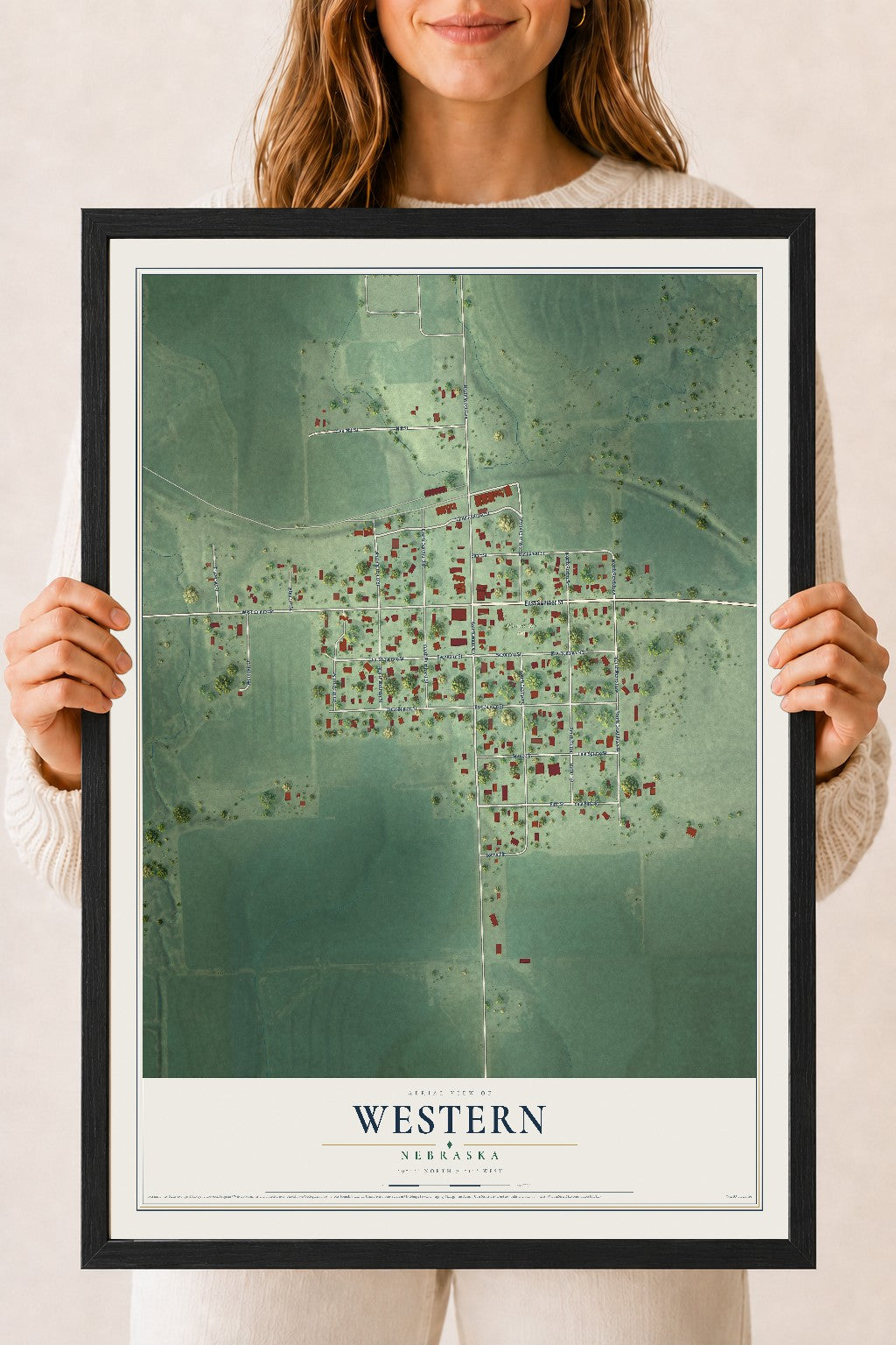 Map of Western, Nebraska, 18 x 24 inch print in a black wood frame