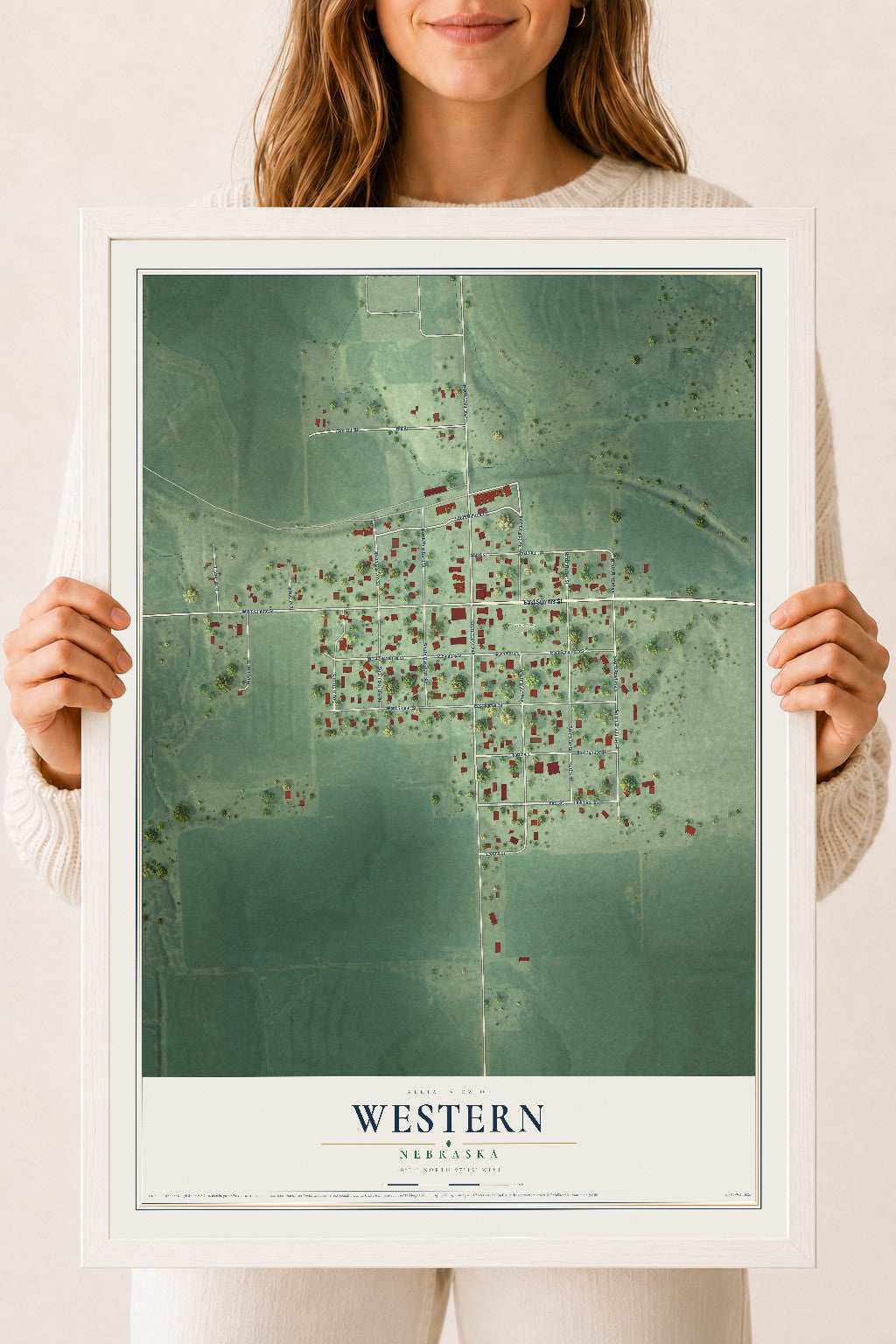 Map of Western, Nebraska, 18 x 24 inch print in a white wood frame