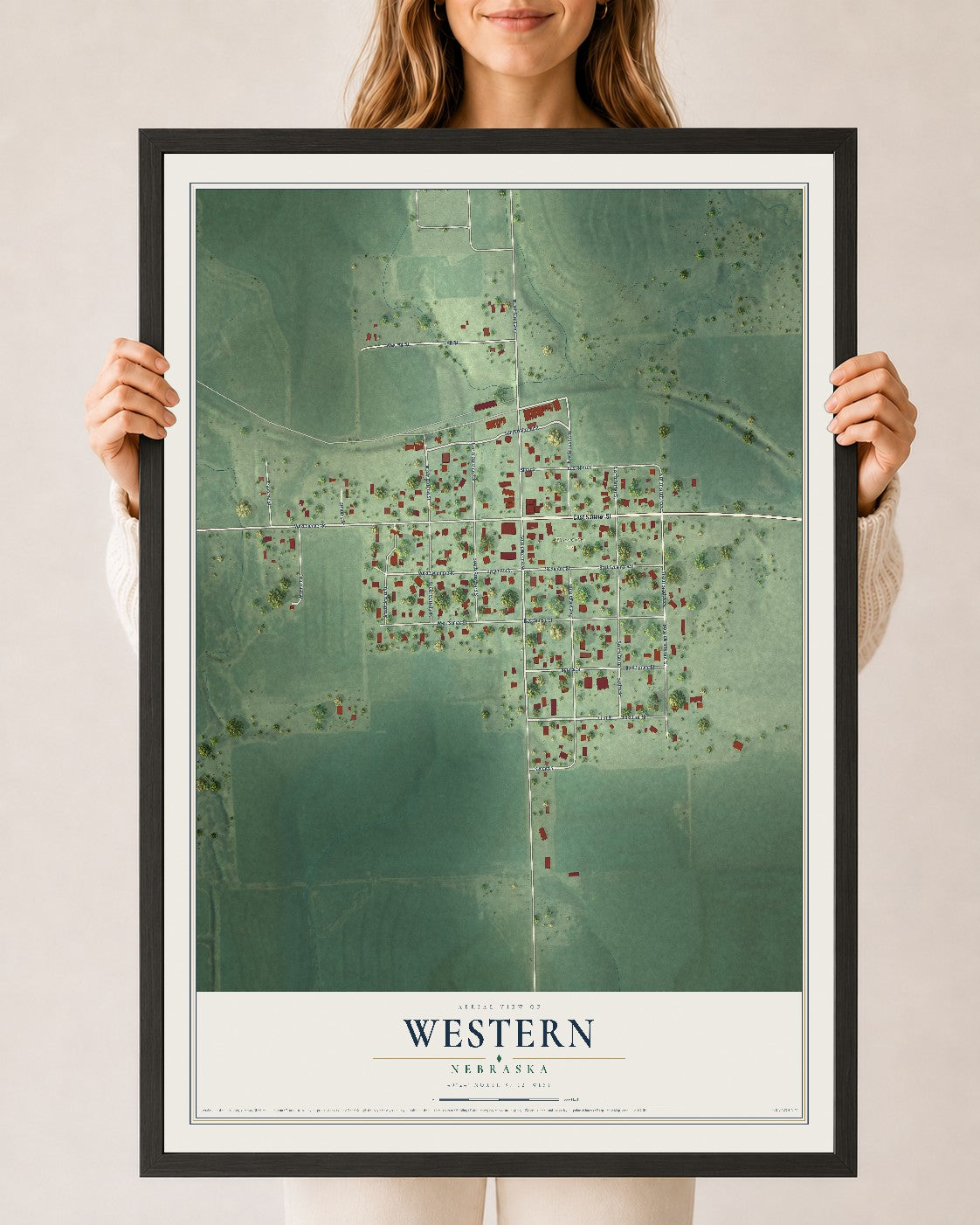Map of Western, Nebraska, 24 x 36 inch print in a black wood frame