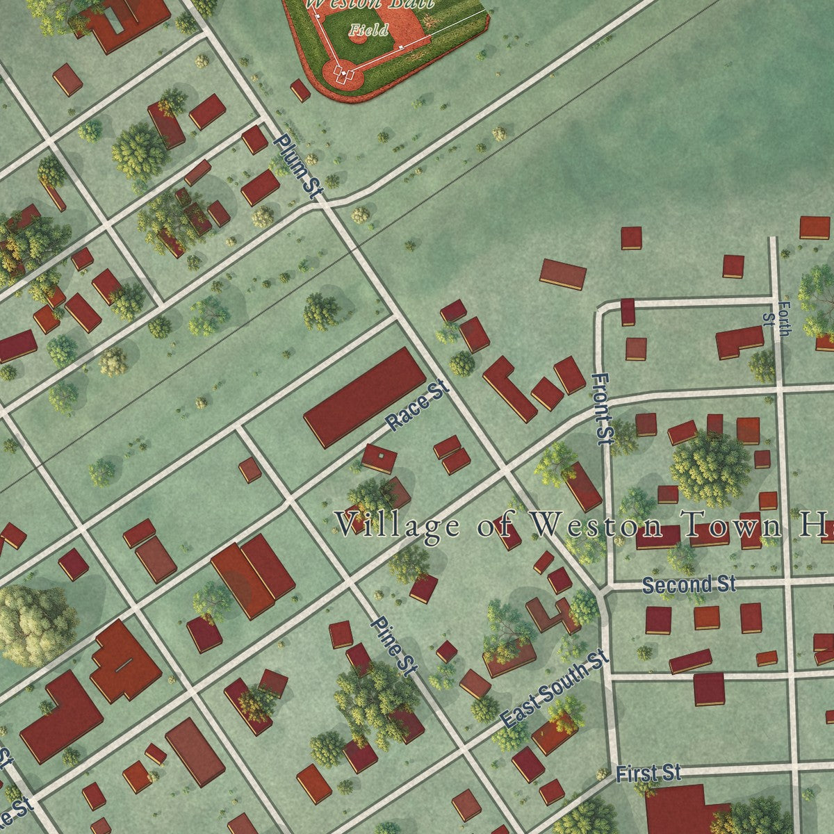 Close-up of the map of Weston, Nebraska print showing street and building detail