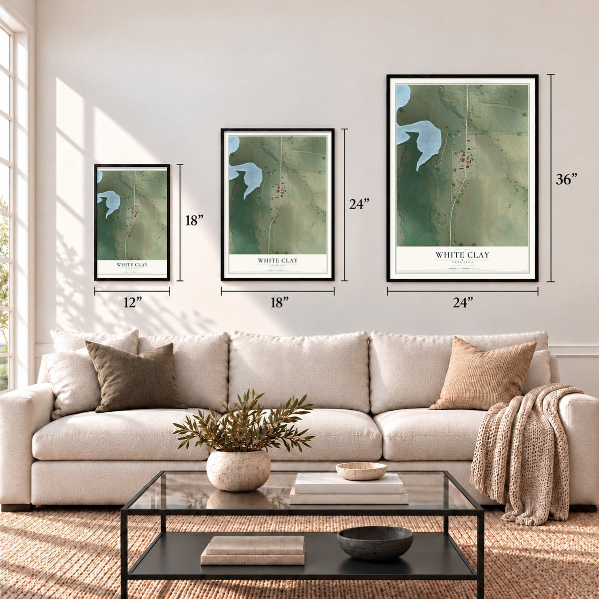 White Clay, Nebraska map in 12 x 18, 18 x 24 and 24 x 36 inch sizes above a sofa
