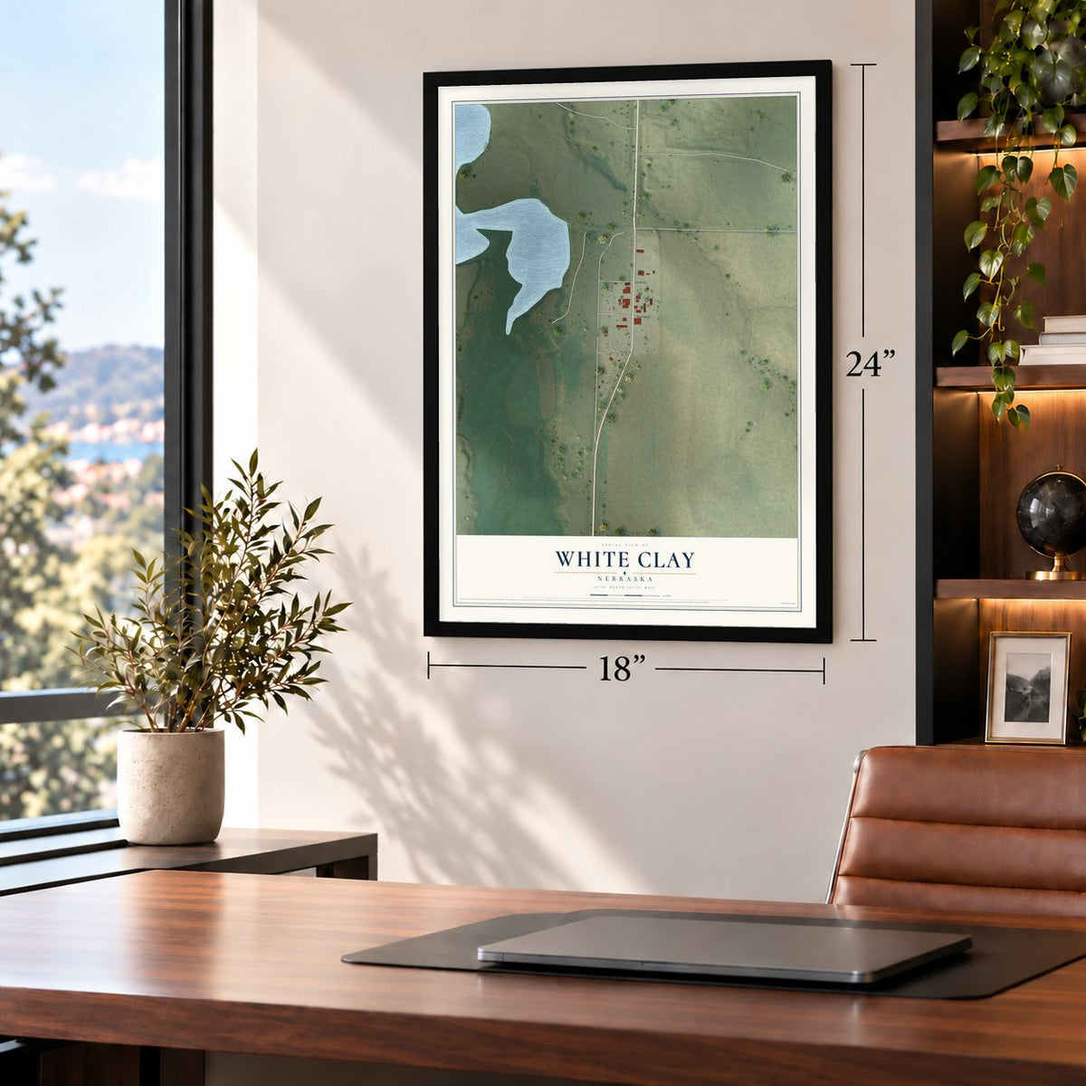 White Clay, Nebraska map, 18 x 24 inch print in a black frame in a home office