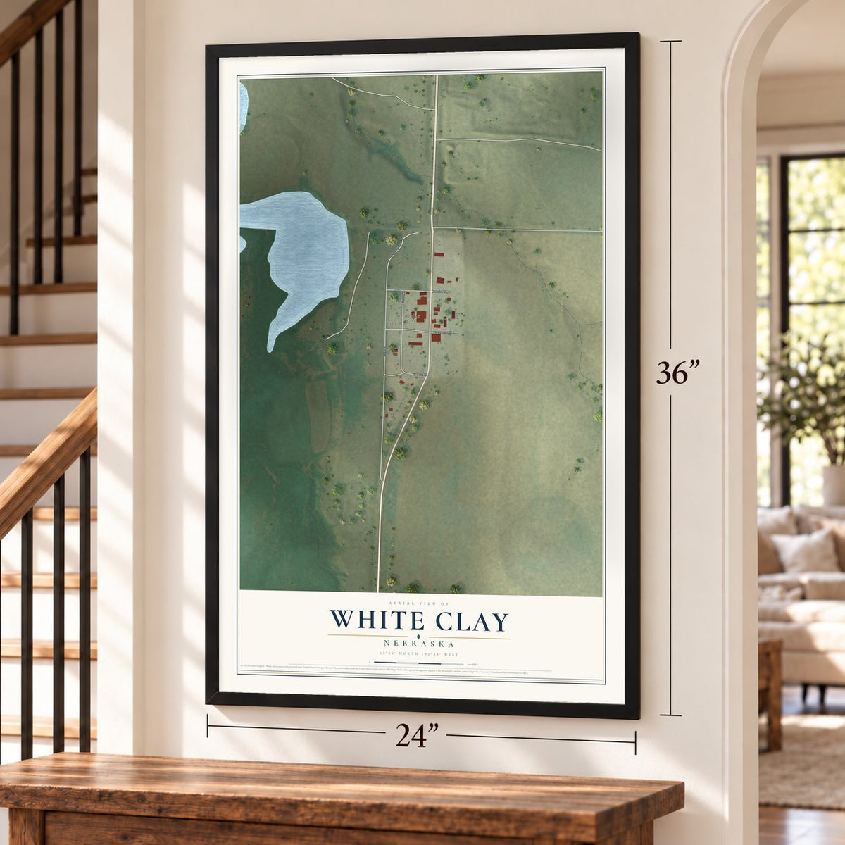 White Clay, Nebraska map, 24 x 36 inch print in a black frame by a staircase