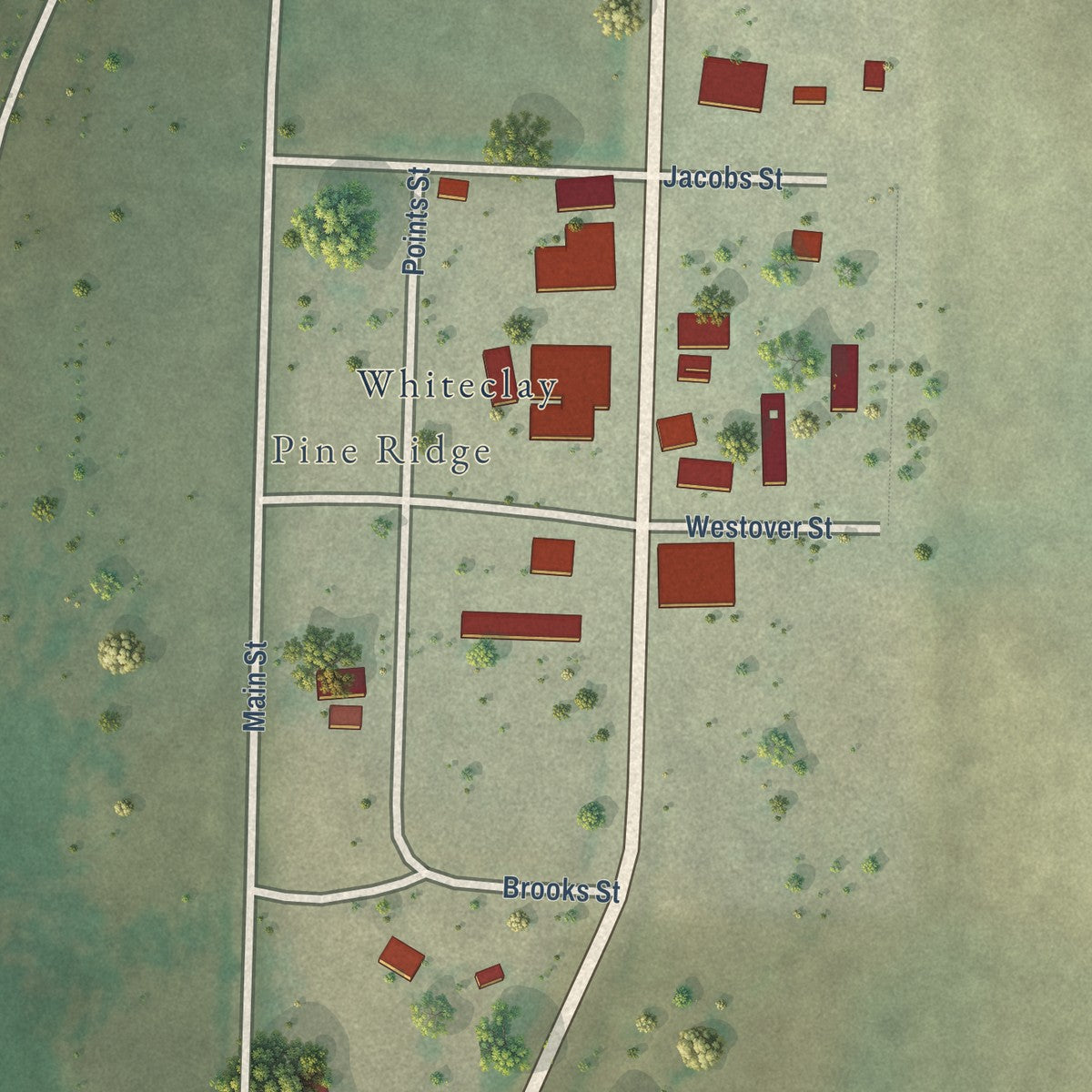 Close-up of the map of White Clay, Nebraska print showing street and building detail
