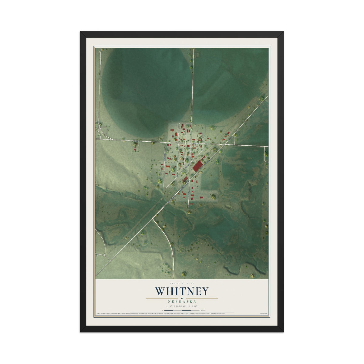 Map of Whitney, Nebraska, 12 x 18 inch print in a black wood frame