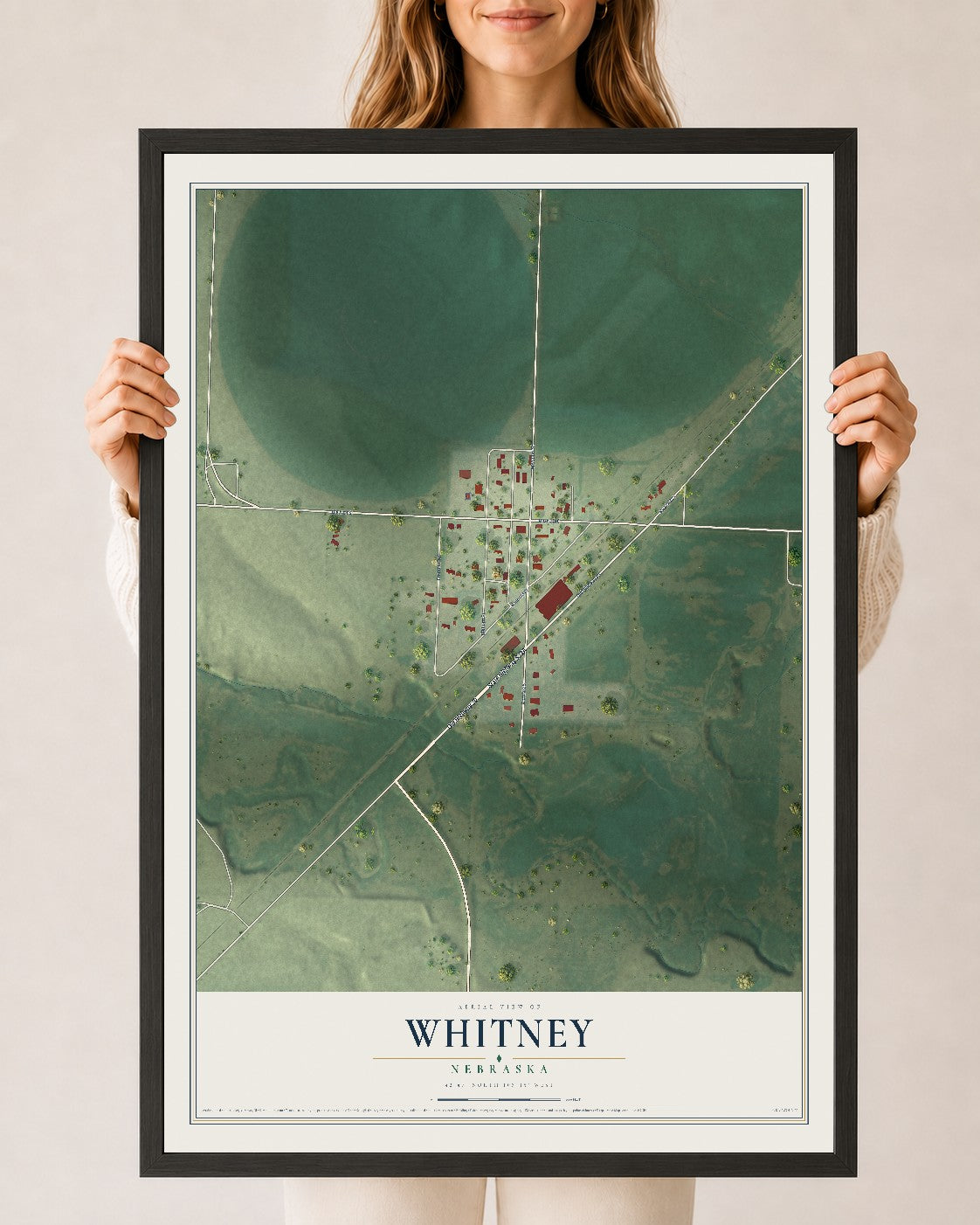Map of Whitney, Nebraska, 24 x 36 inch print in a black wood frame