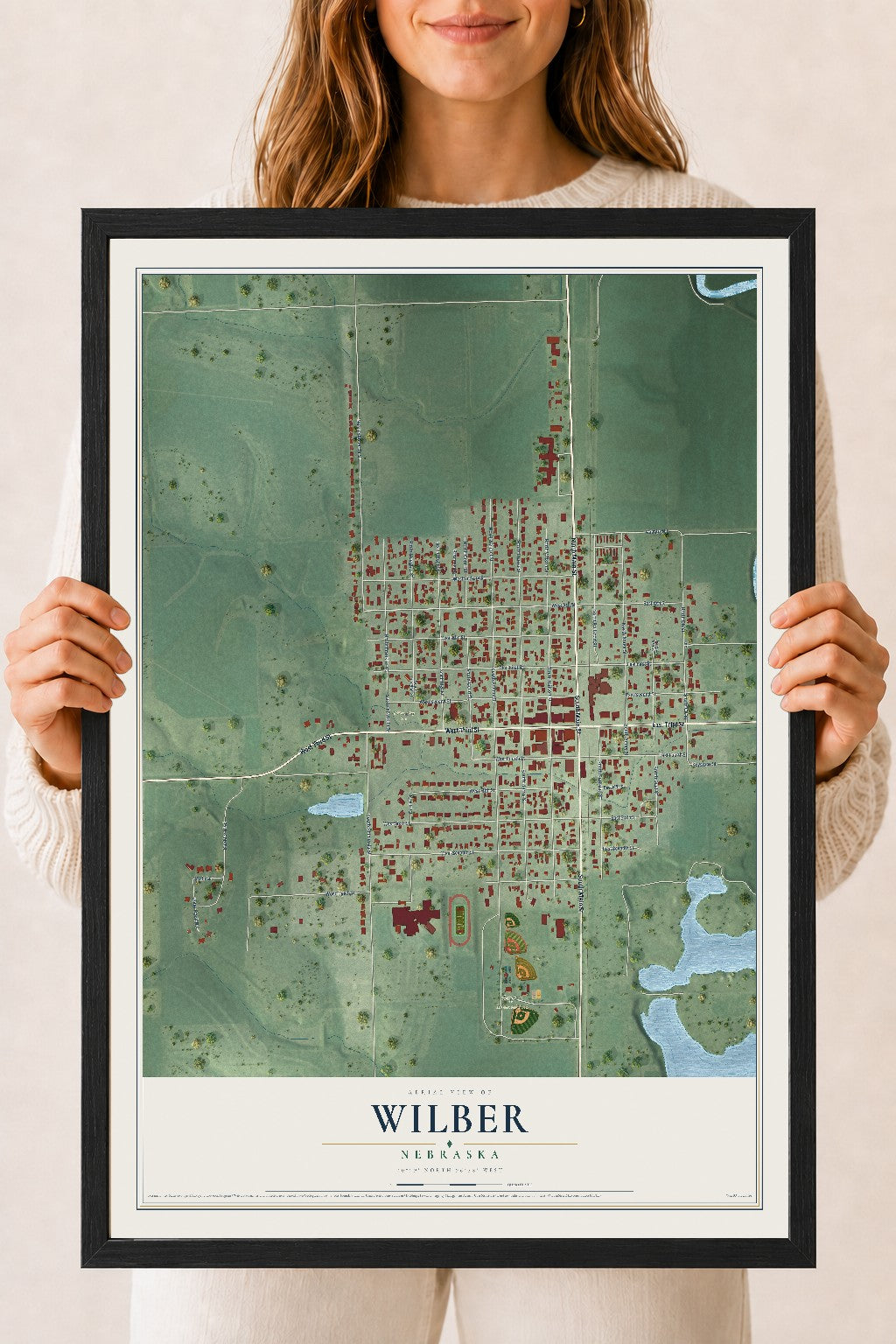 Map of Wilber, Nebraska, 18 x 24 inch print in a black wood frame