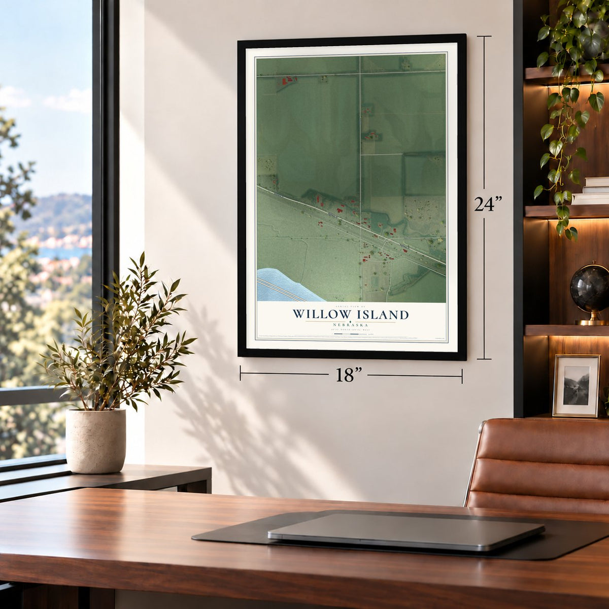 Willow Island, Nebraska map, 18 x 24 inch print in a black frame in a home office
