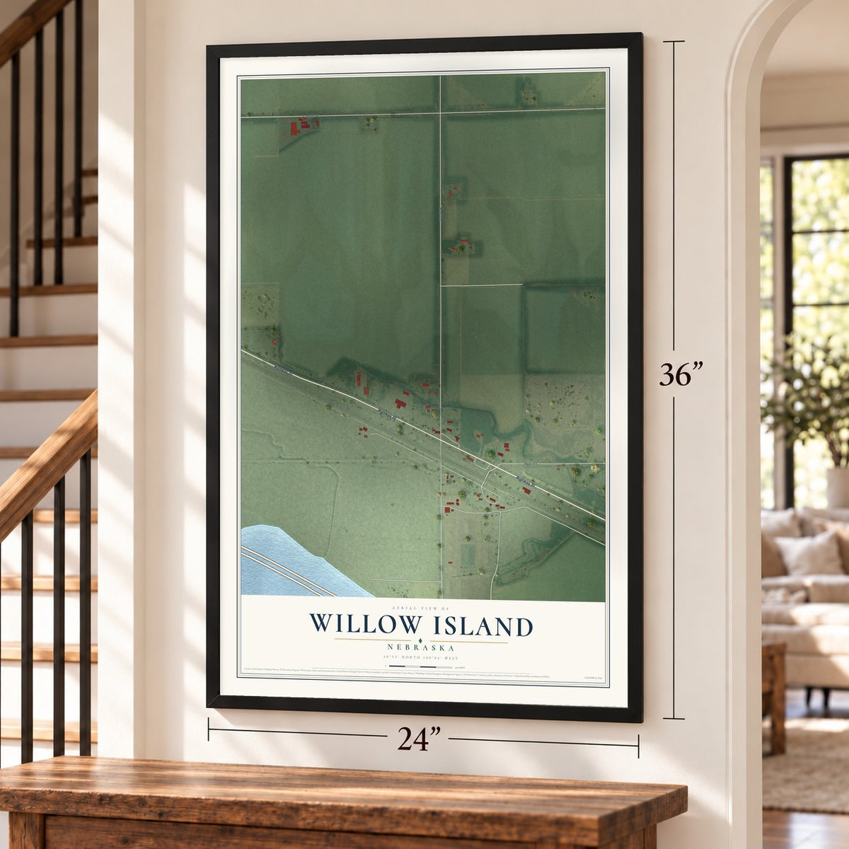 Willow Island, Nebraska map, 24 x 36 inch print in a black frame by a staircase