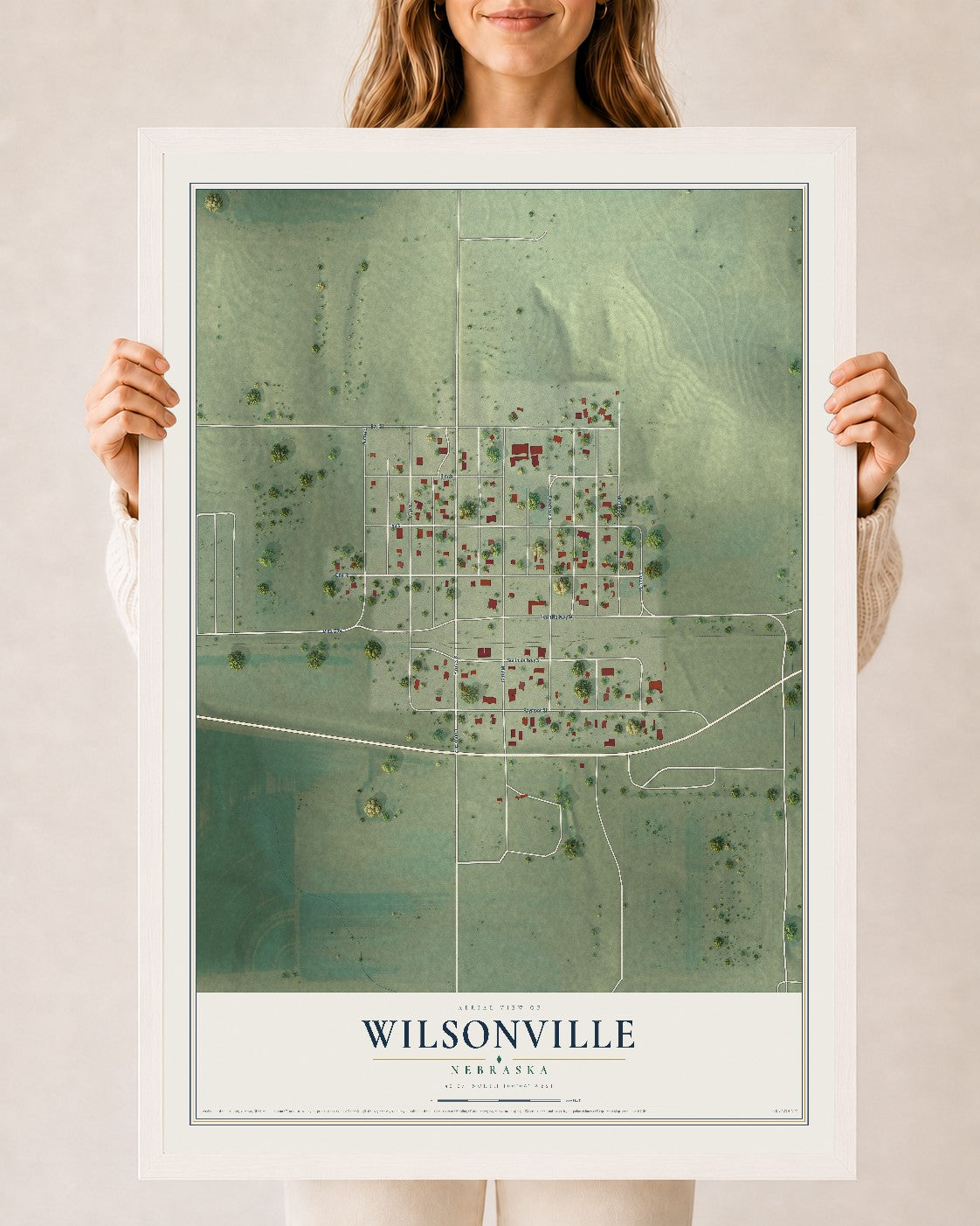 Map of Wilsonville, Nebraska, 24 x 36 inch print in a white wood frame